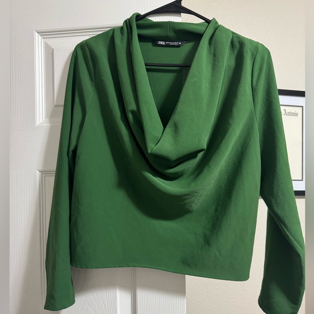 Zara Green Draped Cowl Neck Long Sleeve Top | XS
